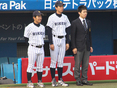 飯塚理（4年・新人監督）・松井瞭汰（3年・投手コーチ補佐）・本田智徳（2年・マネージャー）