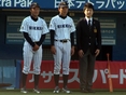 小林光（4年・新人監督）・高柴秀（3年・投手コーチ補佐）・井上浩太（2年・マネージャー）
